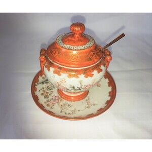 Antique Kutani Pot with Lid and Bamboo Spoon  Hand-Painted Floral Design 1900s